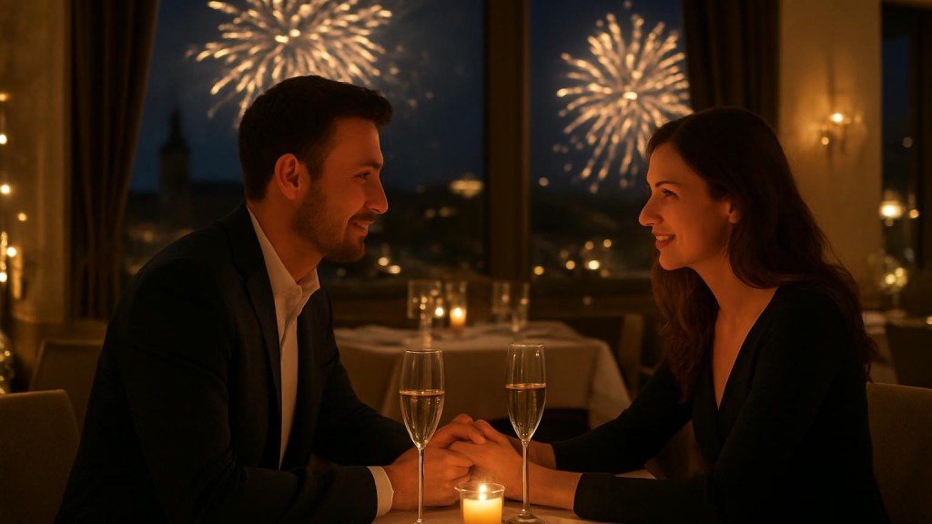 Capodanno romantico a Ferrara: hotel, cena e idee per coppie Coppia durante una cena romantica di Capodanno