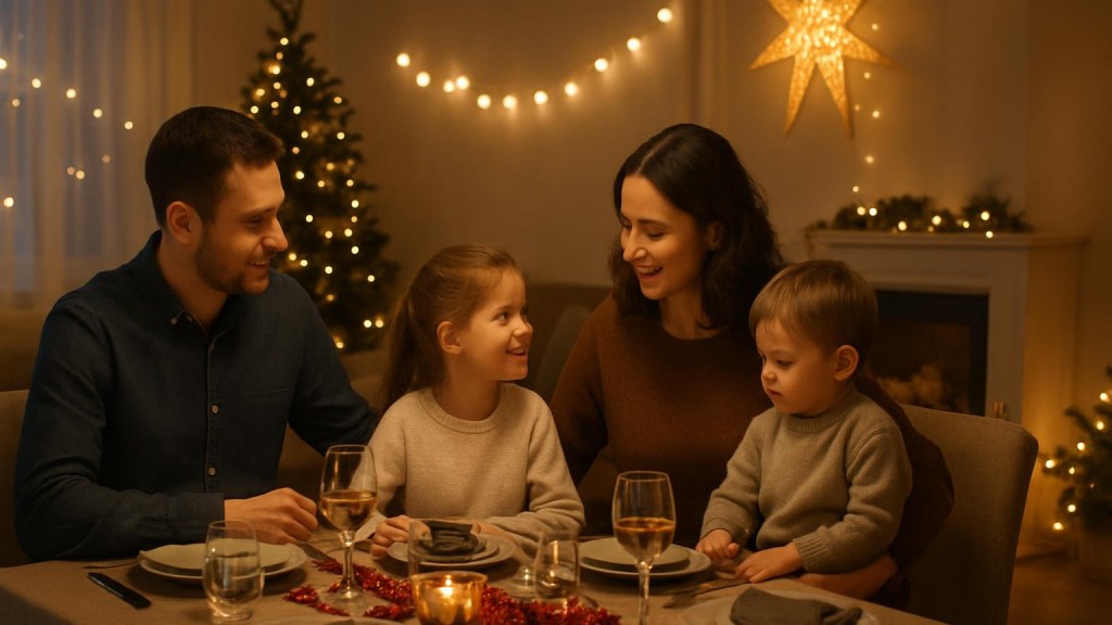 Famiglia con bambini in ambiente accogliente per Capodanno
